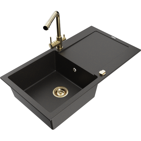 Mexen Leo granite sink 1-bowl with drainer and Duero kitchen tap, black/gold metallic - 6501-75-671600-50