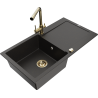 Mexen Leo granite sink 1-bowl with drainer and Duero kitchen faucet, black/gold metallic - 6501-75-671600-50