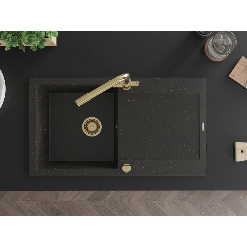 Mexen Leo granite sink 1-bowl with drainer and Duero kitchen faucet, black/gold metallic - 6501-75-671600-50