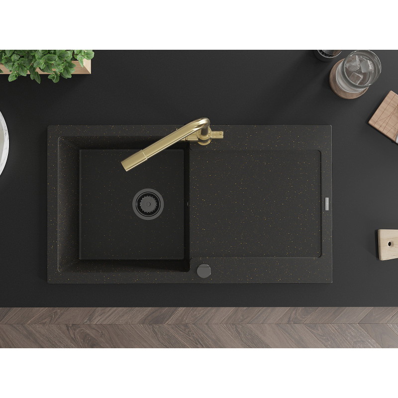 Mexen Leo 1-Bowl Granite Sink with Drainer and Kitchen Faucet Duero, Black/Gold Metallic - 6501-75-671600-50-B