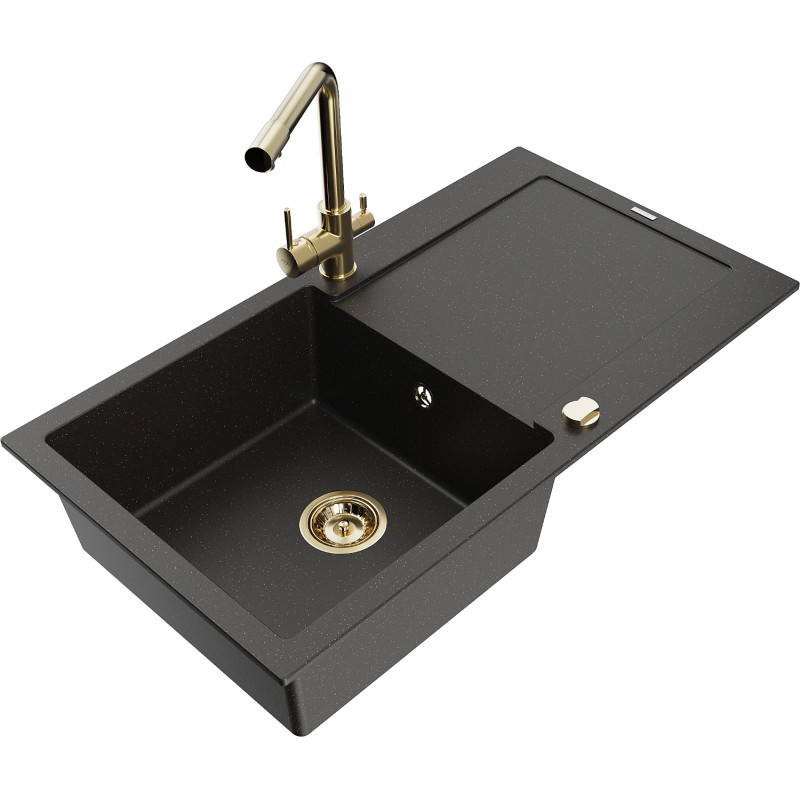 Mexen Leo 1-bowl granite sink with drainer and Duero kitchen faucet, black/gold metallic - 6501-75-671600-50-B