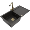 Mexen Leo 1-Bowl Granite Sink with Drainer and Kitchen Faucet Duero, Black/Gold Metallic - 6501-75-671600-50-B