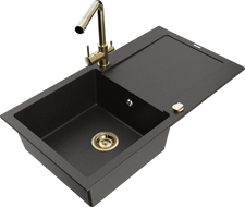 Mexen Leo 1-bowl granite sink with drainer and Duero kitchen faucet, black/gold metallic - 6501-75-671600-50-B