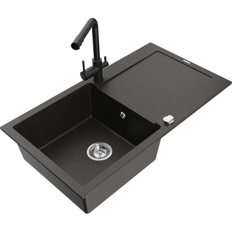 Mexen Leo granite kitchen sink 1-bowl with drainer and kitchen faucet Duero, black/gold metallic - 6501-75-671600-70
