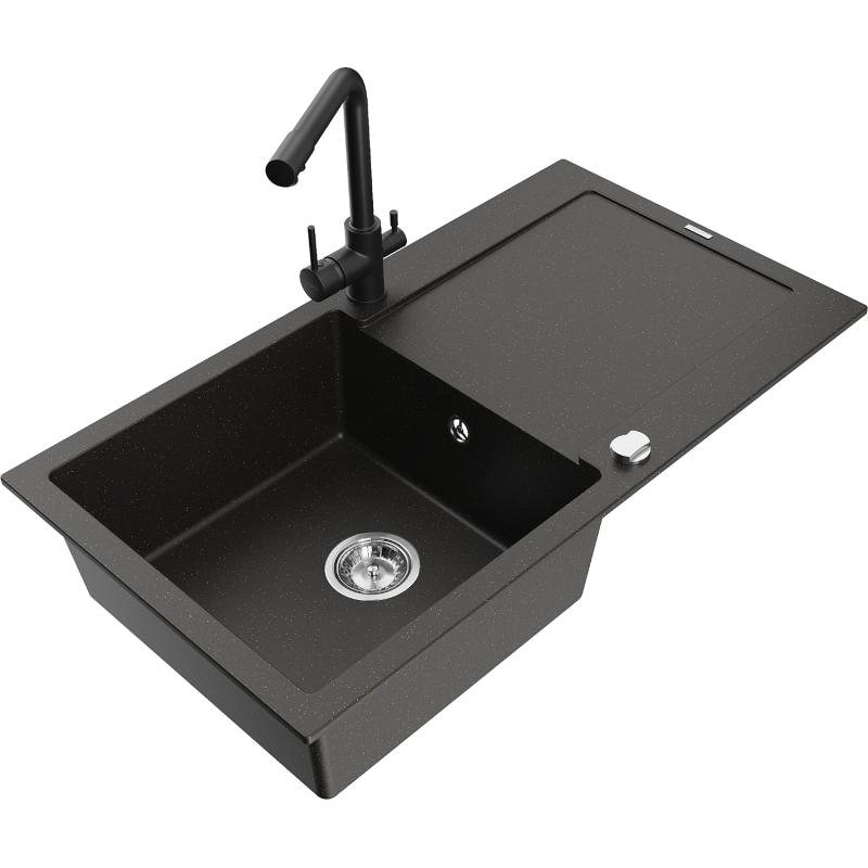 Mexen Leo granite sink 1-bowl with drainer and Duero kitchen tap, black/golden metallic - 6501-75-671600-70