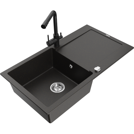 Mexen Leo granite kitchen sink 1-bowl with drainer and kitchen faucet Duero, black/gold metallic - 6501-75-671600-70