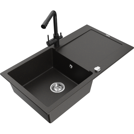 Mexen Leo granite sink 1-bowl with drainer and Duero kitchen tap, black/golden metallic - 6501-75-671600-70