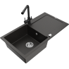 Mexen Leo granite sink 1-bowl with drainer and Duero kitchen tap, black/golden metallic - 6501-75-671600-70