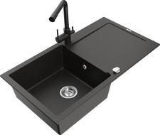 Mexen Leo granite sink 1-bowl with drainer and Duero kitchen tap, black/golden metallic - 6501-75-671600-70