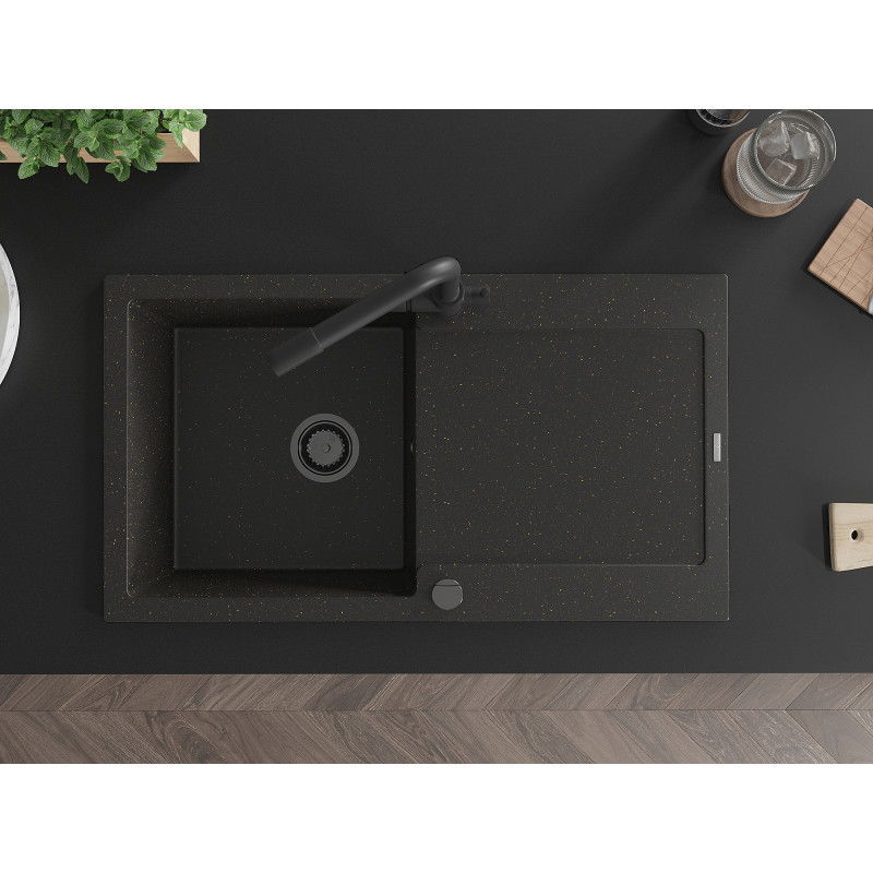 Mexen Leo 1-bowl granite sink with drainer and Duero kitchen tap, black/gold metallic - 6501-75-671600-70-B