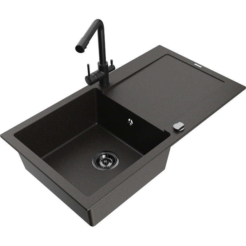 Mexen Leo 1-bowl granite sink with drainer and Duero kitchen faucet, black/golden metallic - 6501-75-671600-70-B