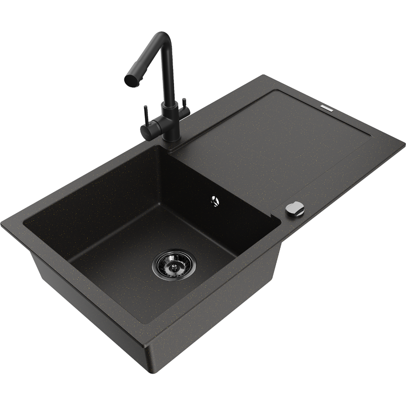 Mexen Leo 1-bowl granite sink with drainer and Duero kitchen tap, black/gold metallic - 6501-75-671600-70-B