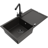 Mexen Leo 1-bowl granite sink with drainer and Duero kitchen tap, black/gold metallic - 6501-75-671600-70-B