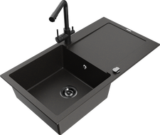 Mexen Leo 1-bowl granite sink with drainer and Duero kitchen faucet, black/golden metallic - 6501-75-671600-70-B
