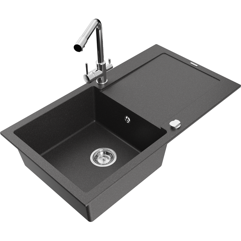 Mexen Leo granite sink 1-bowl with drainer and Duero kitchen faucet, black speckled - 6501-76-671600-00