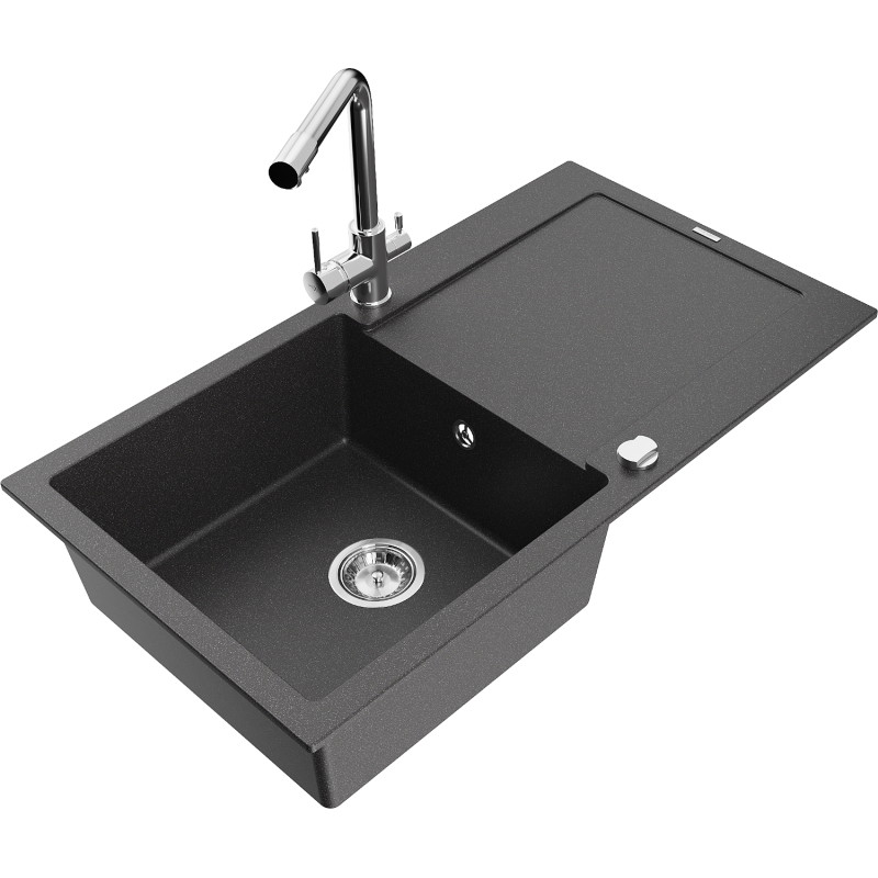 Mexen Leo granite sink 1-bowl with drainer and Duero kitchen faucet, speckled black - 6501-76-671600-00