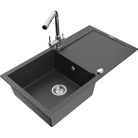 Mexen Leo granite sink 1-bowl with drainer and Duero kitchen faucet, black speckled - 6501-76-671600-00