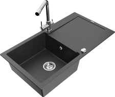Mexen Leo 1-compartment granite sink with a drip tray and kitchen mixer tap Duero, spotted black - 6501-76-671600-00