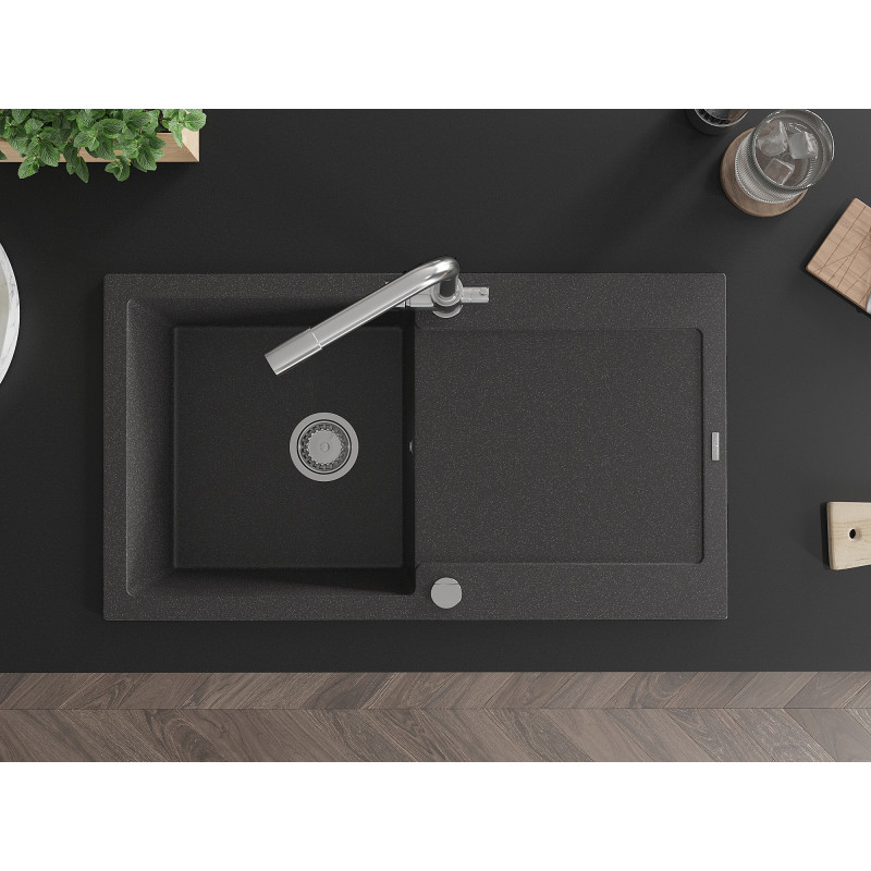 Mexen Leo granite sink 1-bowl with drainer and Duero kitchen faucet, black speckled - 6501-76-671600-00