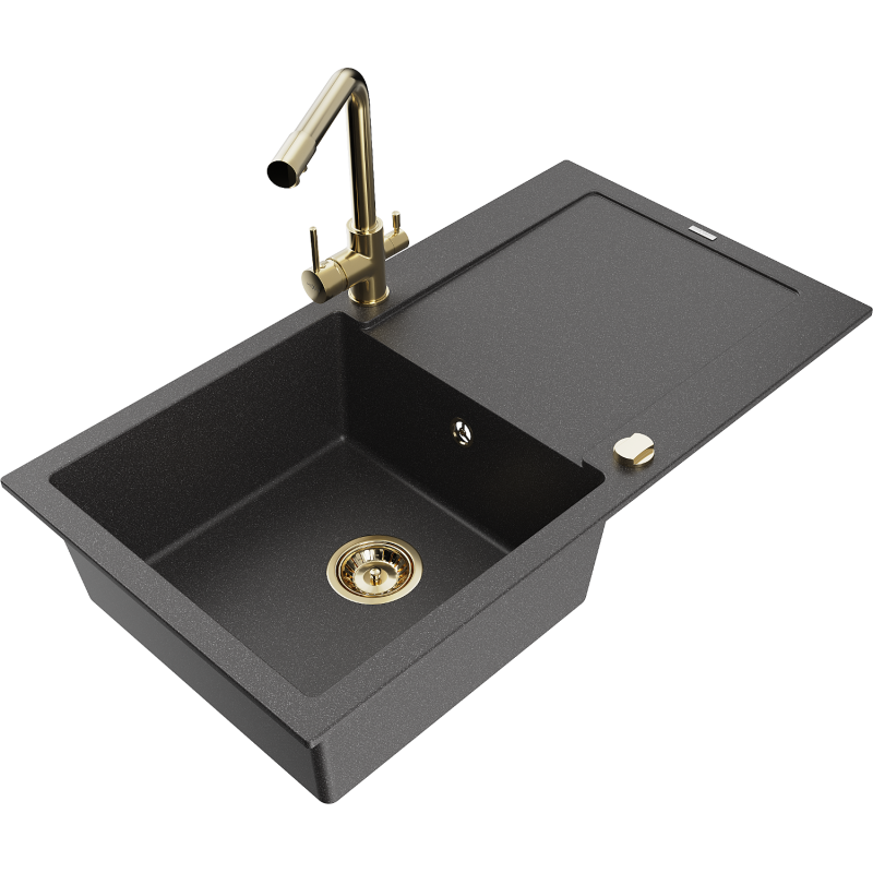 Mexen Leo 1-compartment granite sink with a drip tray and kitchen mixer tap Duero, spotted black - 6501-76-671600-50