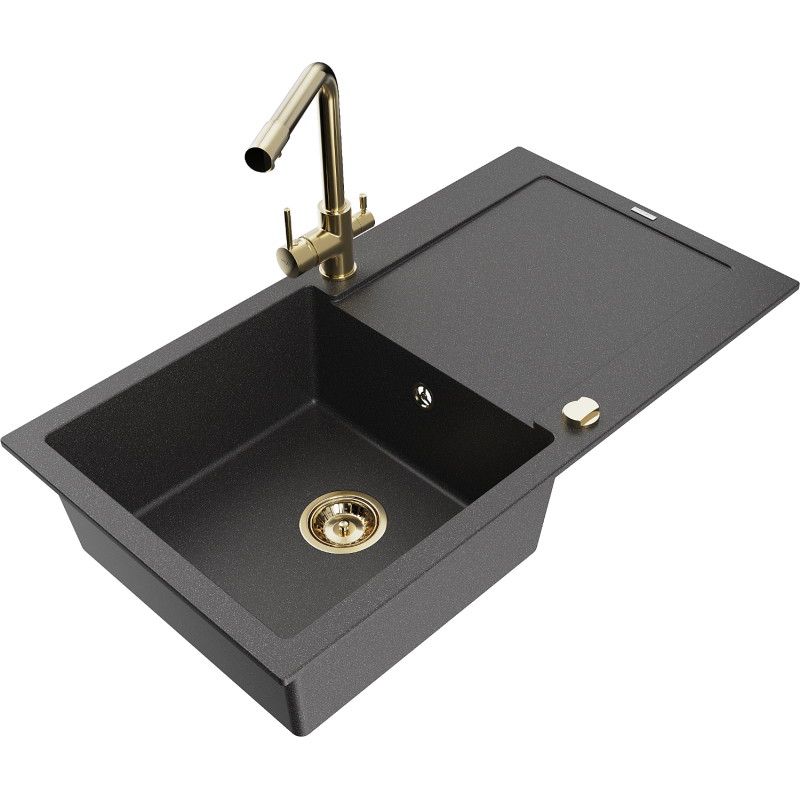 Mexen Leo Granit kitchen sink 1-bowl with drainer and Duero kitchen faucet, black speckled - 6501-76-671600-50