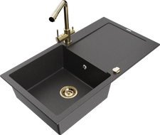 Mexen Leo granite kitchen sink 1-bowl with drainer and Duero kitchen tap, black speckled - 6501-76-671600-50