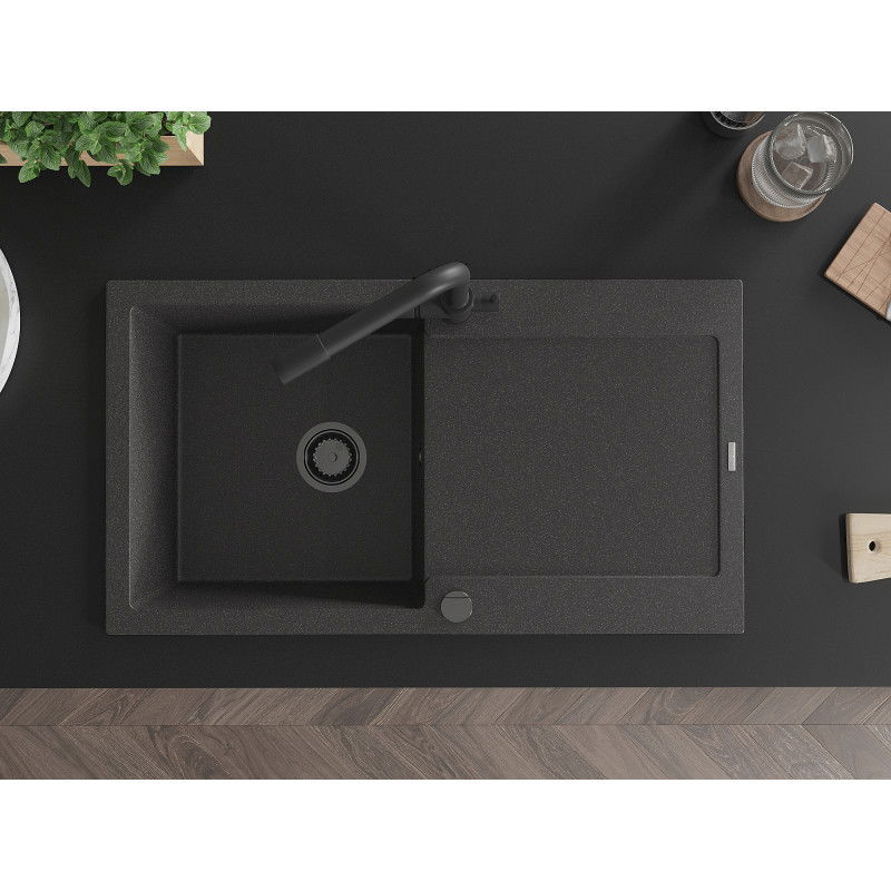 Mexen Leo granite sink 1-bowl with drainer and Duero kitchen tap, black speckled - 6501-76-671600-70-B