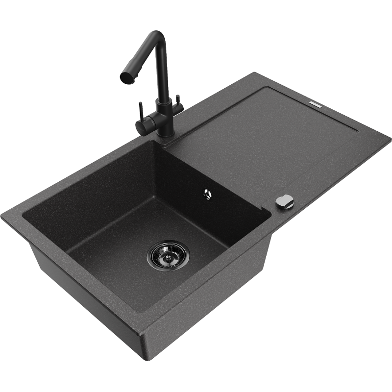 Mexen Leo granite sink 1-bowl with drainer and kitchen faucet Duero, black speckled - 6501-76-671600-70-B