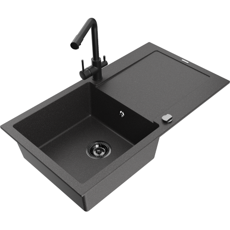 Mexen Leo granite sink 1-bowl with drainer and kitchen faucet Duero, black speckled - 6501-76-671600-70-B