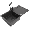 Mexen Leo single bowl granite sink with drainer and Duero kitchen faucet, black speckled - 6501-76-671600-70-B