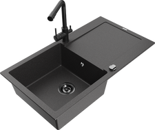 Mexen Leo single bowl granite sink with drainer and Duero kitchen faucet, black speckled - 6501-76-671600-70-B