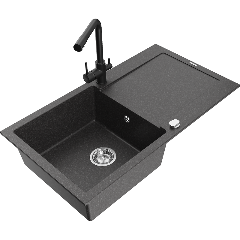 Mexen Leo 1-Bowl Granite Sink with Drainer and Duero Kitchen Faucet, Speckled Black - 6501-76-671600-70