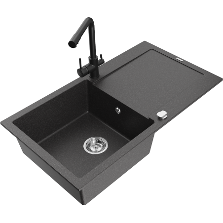 Mexen Leo 1-Bowl Granite Sink with Drainer and Duero Kitchen Faucet, Speckled Black - 6501-76-671600-70