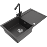 Mexen Leo granite sink, 1-bowl with drainer and Duero kitchen tap, black speckled - 6501-76-671600-70