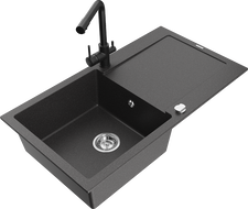 Mexen Leo granite sink, 1-bowl with drainer and Duero kitchen tap, black speckled - 6501-76-671600-70