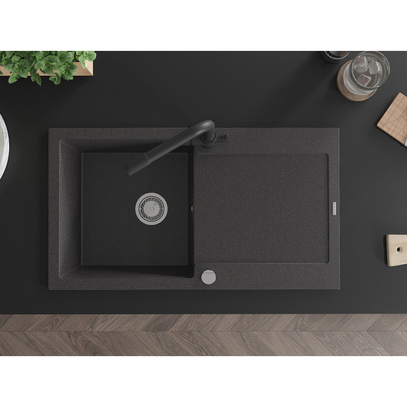 Mexen Leo 1-Bowl Granite Sink with Drainer and Duero Kitchen Faucet, Speckled Black - 6501-76-671600-70