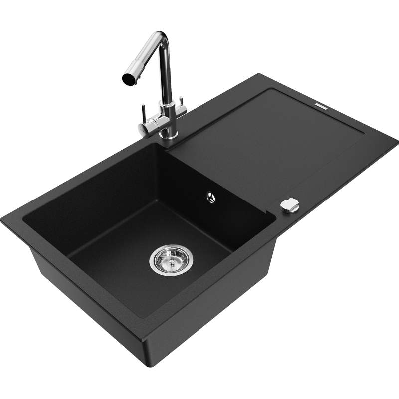 Mexen Leo granite single-basin sink with drainer and Duero kitchen faucet, black - 6501-77-671600-00