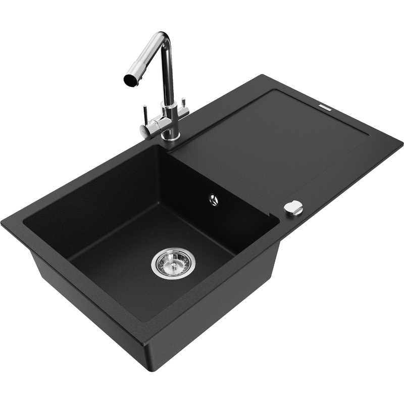 Mexen Leo granite sink 1-bowl with drainer and Duero kitchen tap, black - 6501-77-671600-00