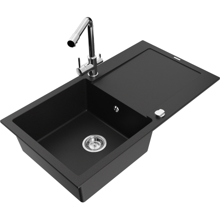 Mexen Leo granite single-basin sink with drainer and Duero kitchen faucet, black - 6501-77-671600-00