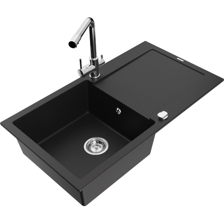 Mexen Leo granite sink 1-bowl with drainer and Duero kitchen tap, black - 6501-77-671600-00