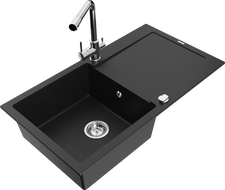 Mexen Leo granite sink 1-bowl with drainer and Duero kitchen tap, black - 6501-77-671600-00