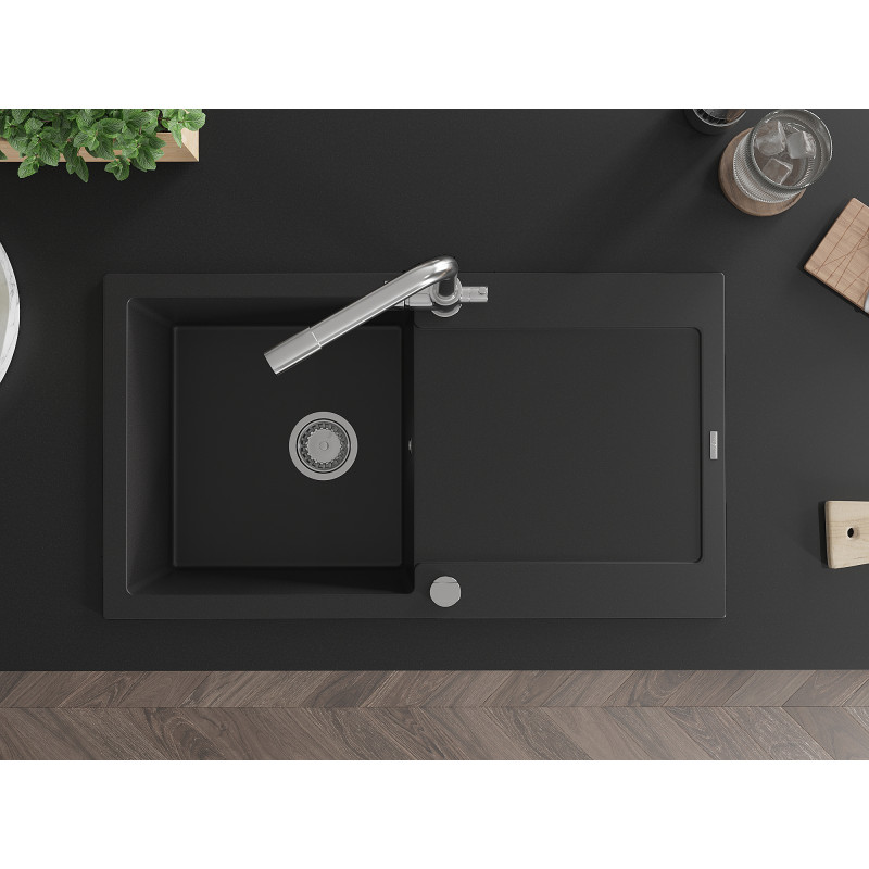 Mexen Leo granite single-basin sink with drainer and Duero kitchen faucet, black - 6501-77-671600-00