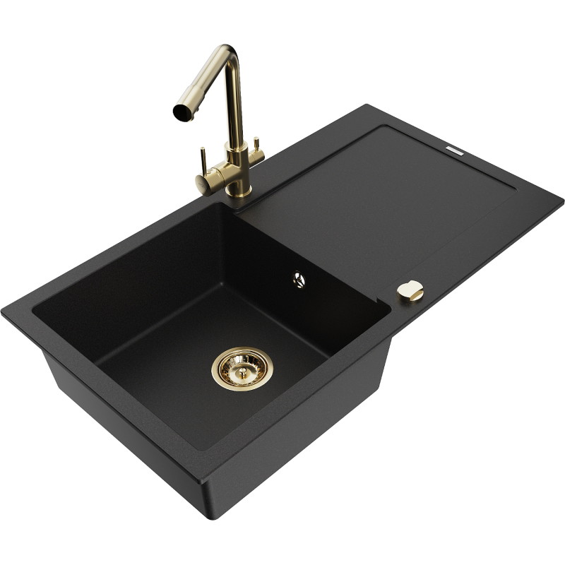 Mexen Leo 1-bowl granite kitchen sink with drainer and Duero kitchen faucet, black - 6501-77-671600-50