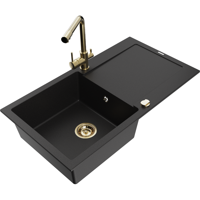 Mexen Leo 1-bowl granite sink with drainer and Duero kitchen faucet, black - 6501-77-671600-50