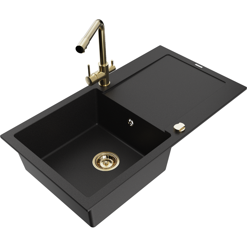 Mexen Leo 1-bowl Granite Sink with Drainer and Duero Kitchen Tap, Black - 6501-77-671600-50