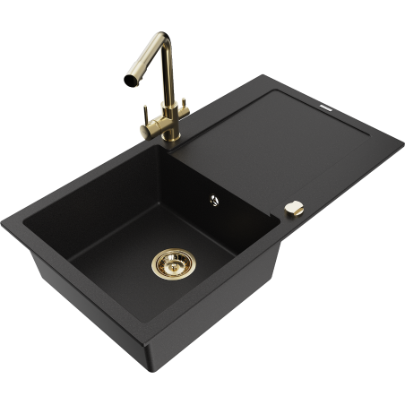 Mexen Leo 1-bowl granite sink with drainer and Duero kitchen faucet, black - 6501-77-671600-50