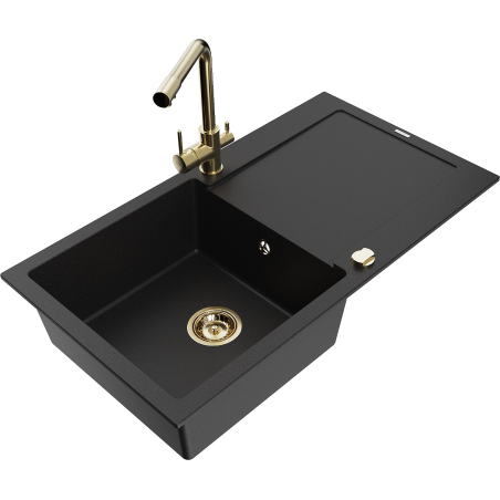 Mexen Leo 1-bowl Granite Sink with Drainer and Duero Kitchen Tap, Black - 6501-77-671600-50