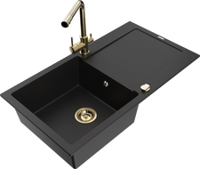 Mexen Leo 1-bowl granite kitchen sink with drainer and Duero kitchen faucet, black - 6501-77-671600-50
