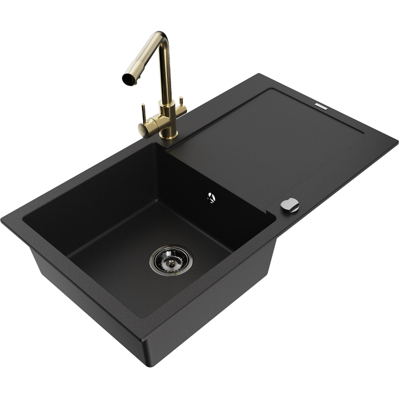 Mexen Leo 1-bowl granite sink with drainer and Duero kitchen tap, black - 6501-77-671600-50-B