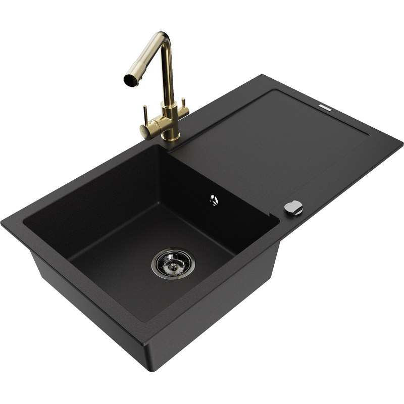 Mexen Leo 1-compartment granite sink with a drip tray and kitchen mixer tap Duero, Black - 6501-77-671600-50-B